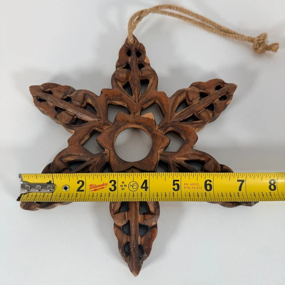 Hand Carved Wooden Star / snowflake Ornament Rustic‎ Boho Decor